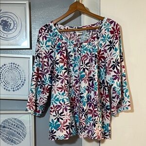 Hot Cotton Women’s Linen Top Multicolor Floral Button Up Blouse Size XL